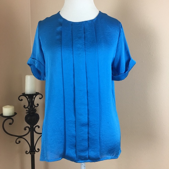 Blue Pleat Front Short Sleeve Blouse/Top Size L - Picture 1 of 8